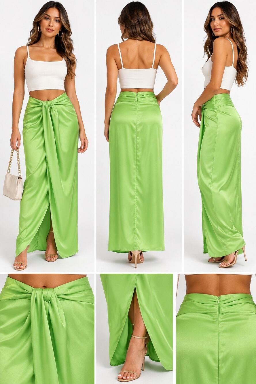 Zara Lime Green Satin Draped Knot Front Maxi Skirt L